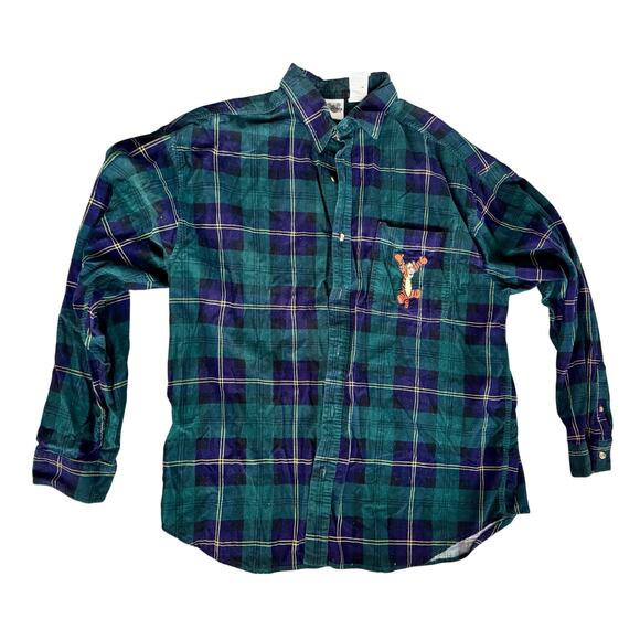 Disney Other - Disney Tigger Blue Green Plaid Corduroy Men XL Button Down Long Sleeve Shirt